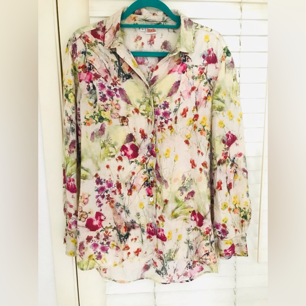 Tianello by Steve Barraza Mango 100% Linen Watercolor Loving Blouse Tunic Top Sm